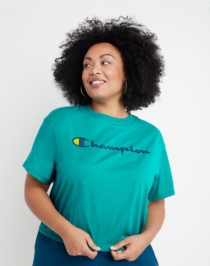 Champion Womens T-Shirt NZ - Plus Cropped Script C Logo Turquoise ( 1530-VMINA )